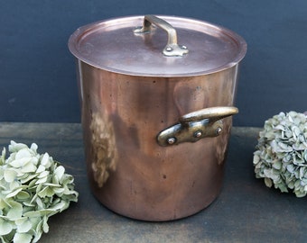 Stor vintage gryta i koppar, Stor kastrull med antikt lock 24", Rustik gryta