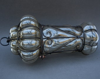 Murano-Kugellampe aus schwarzem Glas, Käfig-Pendelleuchte im venezianischen orientalischen Stil, italienische Bernsteinlaterne