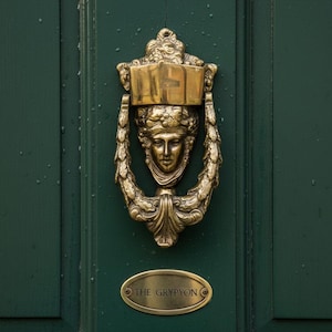 Antique French door knocker, Vintage bronze hardware, Brass front door decor