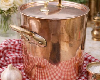 Stor vintage gryta i koppar, Stor kastrull med antikt lock 24", Rustik gryta
