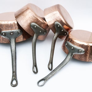 Vintage French hammered tin lined copper pans, Copper cookware, Country kitchen saucepan set