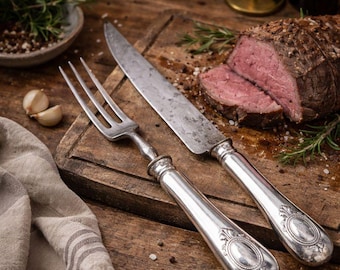 Vintage carving knife and fork set BOULENGER PARIS, Silver plated meat cutlery, French antiques
