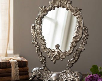 Vintage zilveren staande spiegel, antieke ovale spiegel met cherubijnversiering, romantische slaapkamerdecoratie