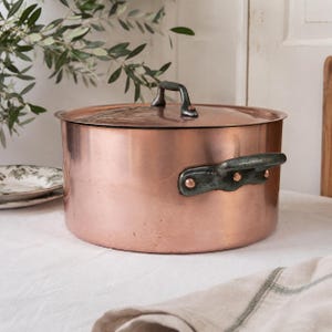 May include: A large, round copper pot with a matching lid. The pot features two dark, weathered metal side handles secured with copper rivets. The lid has a central dark metal handle. The exterior surface of the copper pot is smooth and polished.