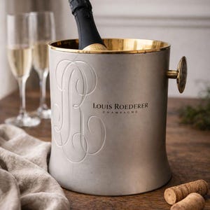 Antyczne, pozłacane metalowe wiaderko do szampana LOUIS ROEDERER, antyczna chłodziarka do butelek