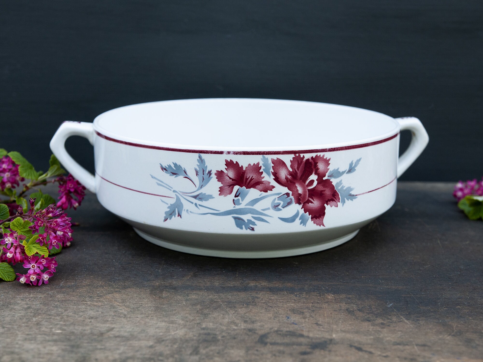 Plat en Céramique Vintage St Amand, Plat de Service à Fleurs Ancien, Soupière Faïence