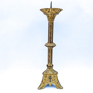 French antique church candlestick with spike, Vintage brass candle holder, Gold metal candelabra centerpiece