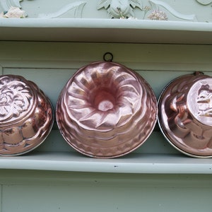 Set of 3 vintage French copper baking pans, Copper cookware, Antique kitchen cake molds