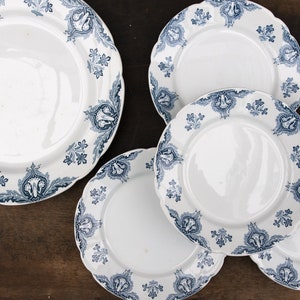 Set of 4 ceramic dinner plates vintage, French antique ironstone platter, Blue transferware