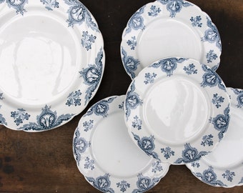 Set of 4 ceramic dinner plates vintage, French antique ironstone platter, Blue transferware