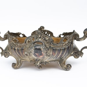 Vintage zilveren plantenbak, kleine regula plantenbak, metalen middelpunt
