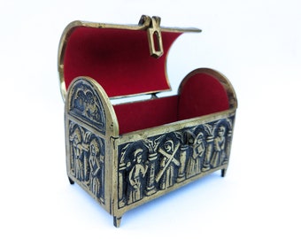 French antique bronze trinket box, Vintage gold jewelry holder with velvet, neogothic storage