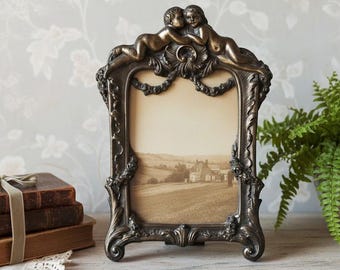 French antique Bronze Louis XV photo frame, Ornate picture frame vintage, 19th century cherubs