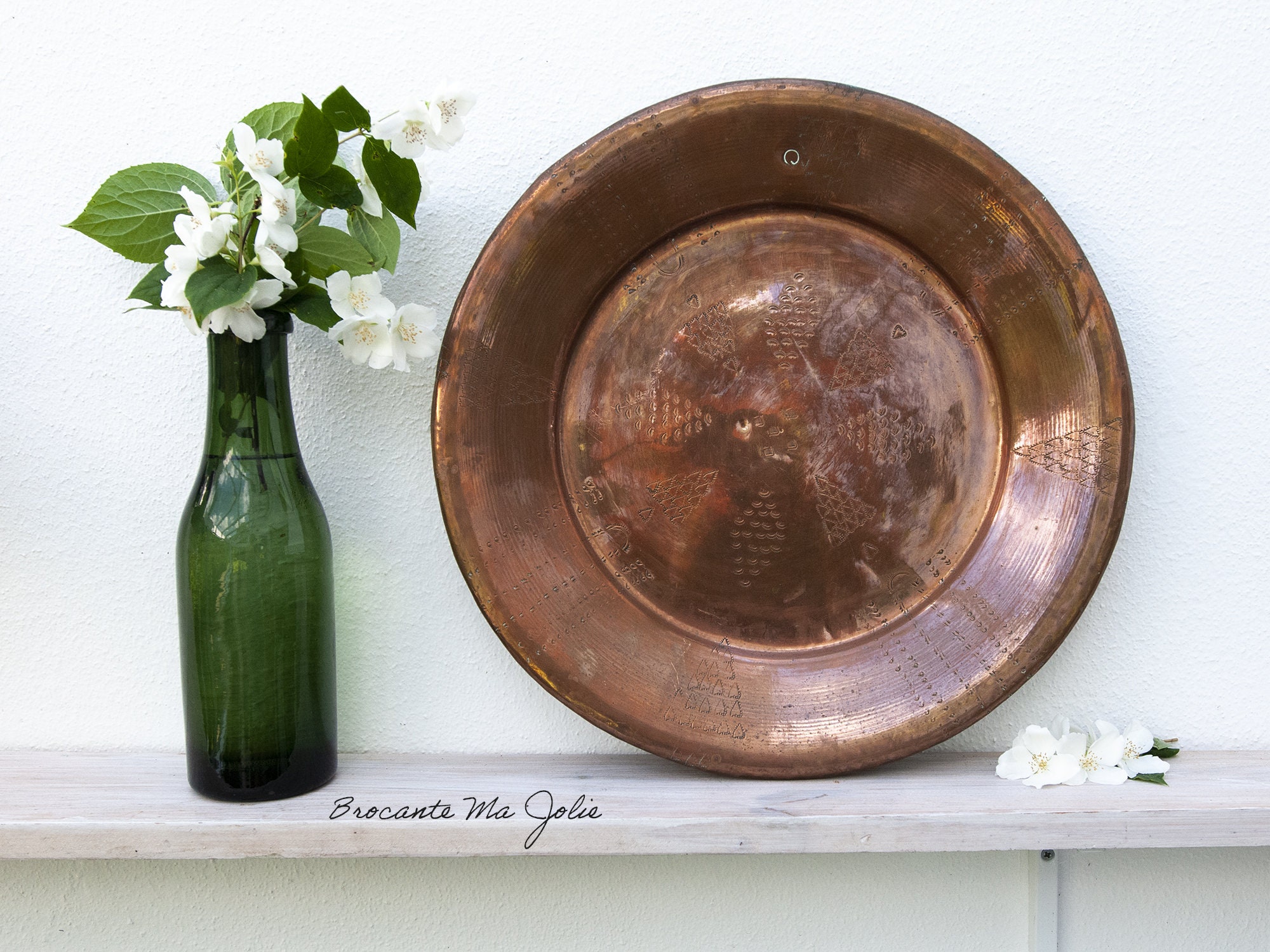 Plateau en Cuivre Vintage Style Marocain, Plaque à Suspendre Gravé, Assiette Décorative, Plat Métal