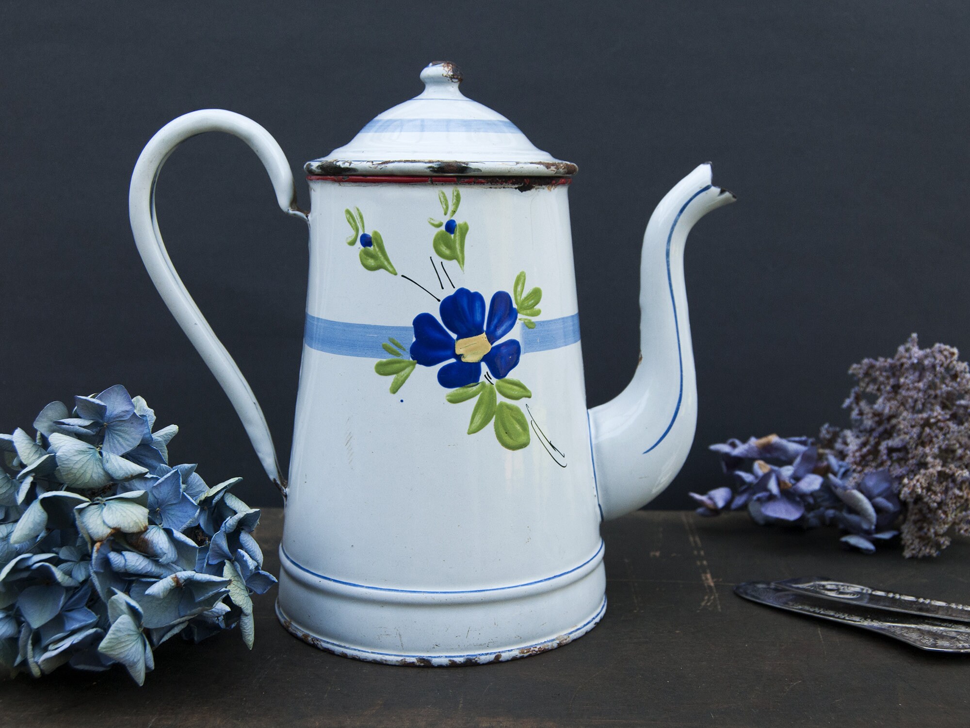 Cafetière Émaillée à Fleurs Vintage, Cafetière Blanche Fleurie Ancienne, Déco Cuisine Campagne