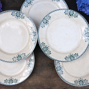 French antique ironstone dinner plates GIEN, Set of 5 ceramic plates vintage, Blue transferware