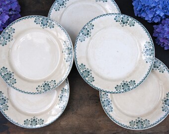 French antique ironstone dinner plates GIEN, Set of 5 ceramic plates vintage, Blue transferware