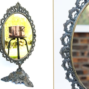 Vintage dressing table mirror brass, Antique vanity bathroom mirror, Standing dresser gold mirror