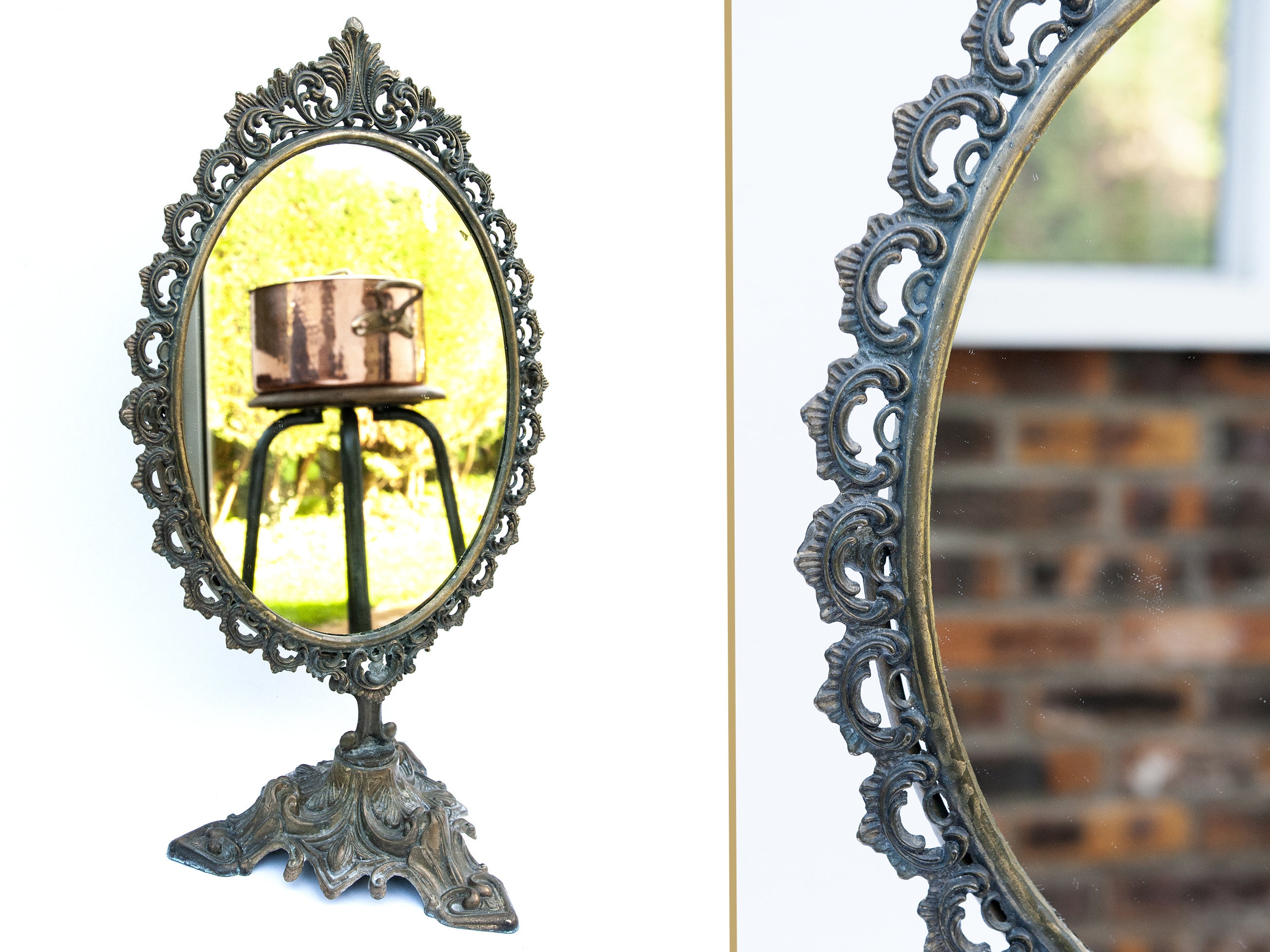 green emerald velvet dress Gold Vintage Dressing Table Mirror  Reclectic