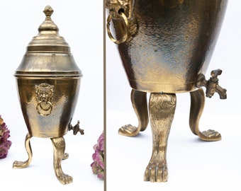 Vintage copper samovar urn with lions head, Antique absinthe fountain in brass, Tea dispenser