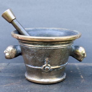 Antique French bronze mortar and pestle, EXTRA LARGE brass apothecary jar, Vintage gold pharmacy decor
