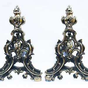 Antique French bronze fireplace andirons, Gold iron fire dogs, Vintage fireplace decor