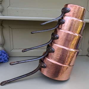 Vintage French hammered tin lined copper pans, Copper cookware, Country kitchen saucepan set