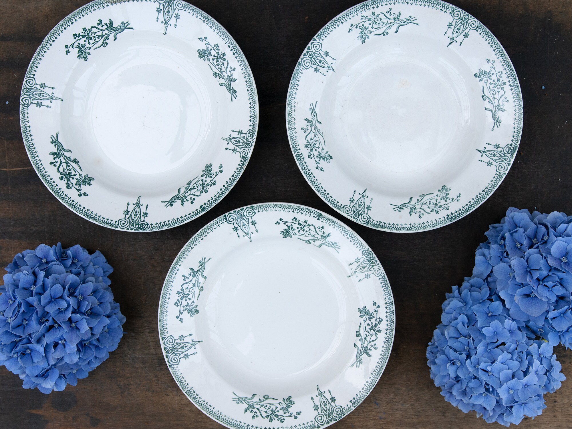 Assiettes à Fleurs Vintage en Céramique Verte, Lot de 3 Assiettes Terre Fer, Vaisselle Porcelaine St