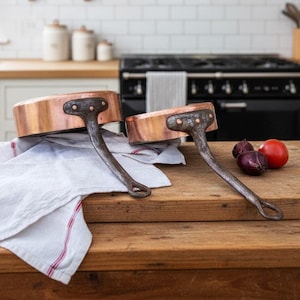 French antique copper pots and pans, Country kitchen cookware, Large saute pan vintage set of 2