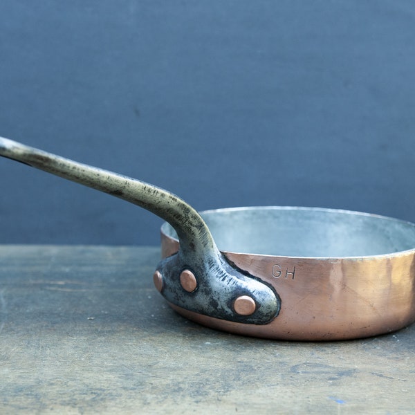 French antique copper pot, Country kitchen cookware, Sauté pan vintage
