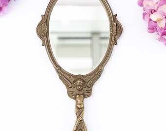 Miroir à main laiton vintage, Petit miroir de poche baroque ancien, Miroir en métal doré