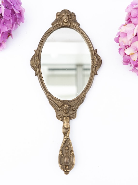 Specchio a mano in ottone vintage, piccolo specchio tascabile