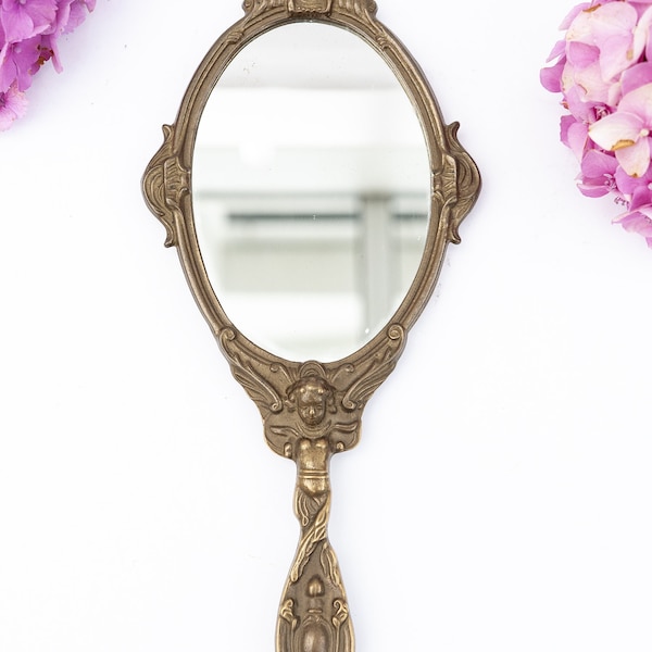 Miroir à main laiton vintage, Petit miroir de poche baroque ancien, Miroir en métal doré