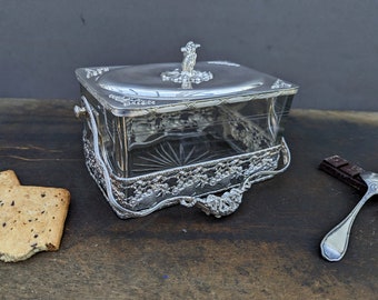 Vintage Glass and Silver-Plated French Biscuit Box, Antique Art Nouveau Bonbonnière, Louis XVI Jewelry Box