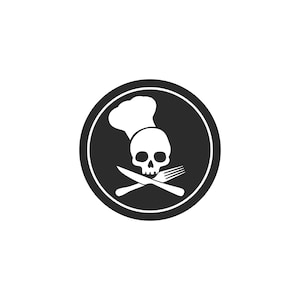 May include: A black and white graphic of a skull wearing a chef's hat, with a crossed knife and fork. The design is inside a black circle with a white border, set against a white background. The image suggests a theme related to food or cooking.