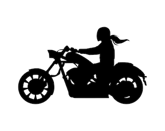 May include: Silhouette of a person riding a motorcycle. The person is wearing a helmet and has long hair. The motorcycle has a large front wheel and a smaller rear wheel.