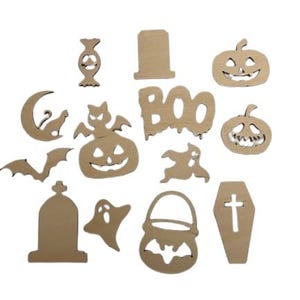 13-Pack Halloween Unfinished Wood Cutout | Decor | Laser Crafts Shapes | Cut Outs 2 inch to 3 inch Ghosts, Pumpkins, Tombstones & more