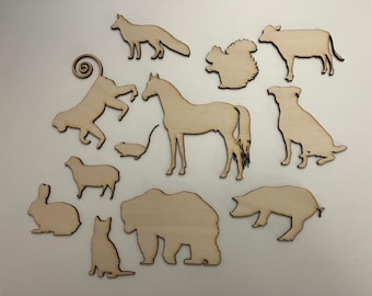 12-Pack Misc Animals Unfinished Laser Wood Cutout Crafts Shapes Cut Outs .5 inch to 4 inch - Bear, Horse, Cat and More