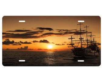 Pirate Ship "Sunset"  Novelty Front License Plate - Caribbean - Sunrise - Dawn -  Decorative Auto Tag - Wall Decor - Sign - Room Art Sign