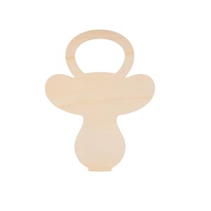 May include: A wooden pacifier-shaped cutout, featuring a rounded handle and a bulbous base. The natural wood grain is visible, and the shape is ideal for crafting or decoration. The cutout is designed to be a baby-themed craft supply.