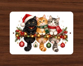 Funny Cute Hanging Cats Christmas Metal Sign - Cute Holiday Wall Decor | Funny Xmas Outdoor Sign | Seasonal Home Decor | Winter Holiday Gift