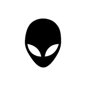 May include: A black alien head silhouette with large, almond-shaped eyes. The alien's head is oval-shaped, and the eyes are white against the black background. The image is a simple, graphic design.