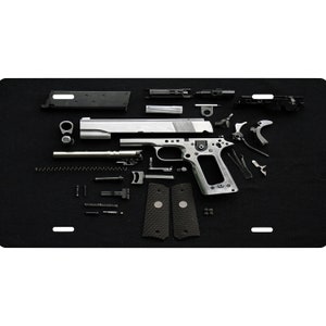 Exploded 45 Handgun Novelty Front License Plate - Car - Gun - decorative auto tag - Wall Decor - Sign - Room Art Sign - Man Cave - She Shed