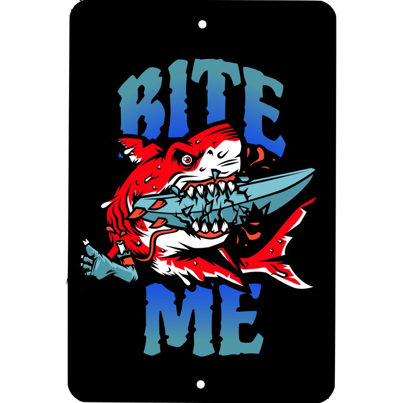 May include: A red and white shark with a blue surfboard in its mouth. The shark has a menacing expression and sharp teeth. The text "Bite Me" is written in blue and white letters above the shark.