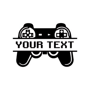 May include: Black and white illustration of a video game controller with the text "YOUR TEXT" in a pixelated font.