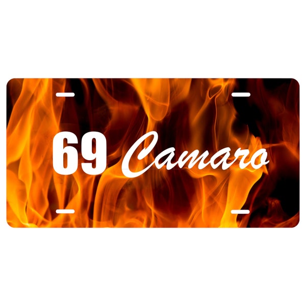 Personalized Custom Car with Flames Novelty Front License Plate - Fire - Camaro - decorative auto tag - Wall Decor - Sign - Room Art Sign -