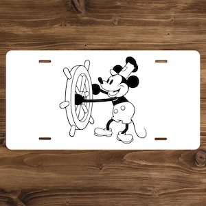 Disney Mickey Mouse Steamboat Willie Vanity License Plate | Decorative Auto Tag | Wall Decor | Sign | Room Art Sign | Man Cave | She Shed |