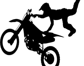 May include: Silhouette of a person performing a stunt on a dirt bike. The person is in mid-air, with one leg extended and the other leg bent. The dirt bike is in the air, with the front wheel raised.