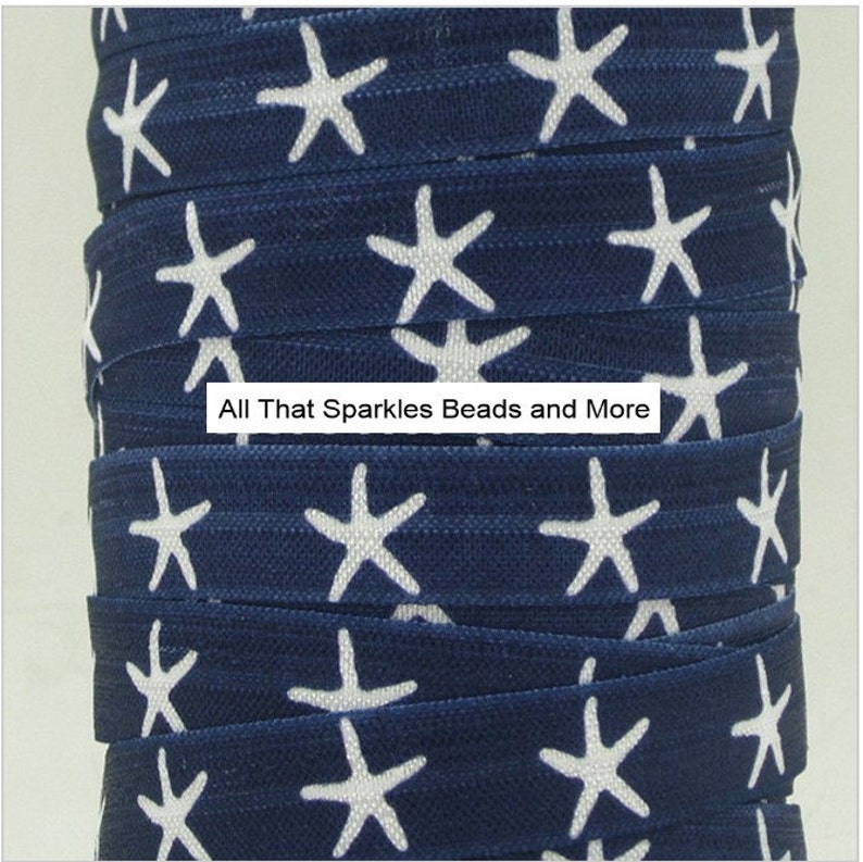 58 foe Navy Blue with White Star Fish Beach theme 3 yards Fold over elastic