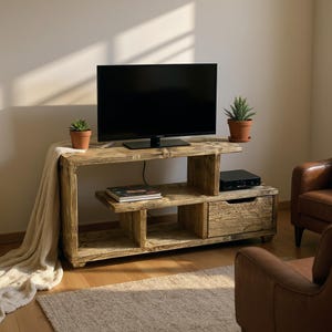 Rustic TV Stand & Media Console | Reclaimed Wood Entertainment Unit with Drawers | Low Profile Industrial TV Cabinet image 5